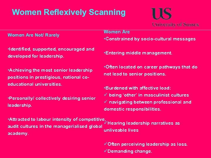 Women Reflexively Scanning Women Are Not/ Rarely Women Are • Constrained by socio-cultural messages