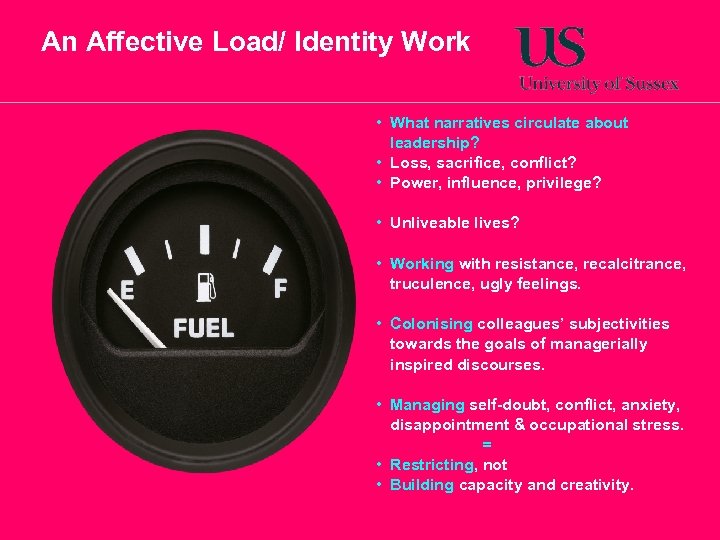 An Affective Load/ Identity Work • What narratives circulate about leadership? • Loss, sacrifice,