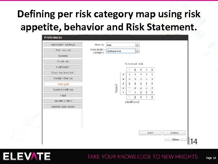 Defining per risk category map using risk appetite, behavior and Risk Statement. Recording of