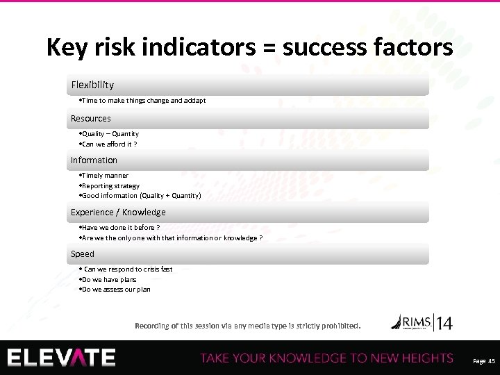 Key risk indicators = success factors Flexibility • Time to make things change and