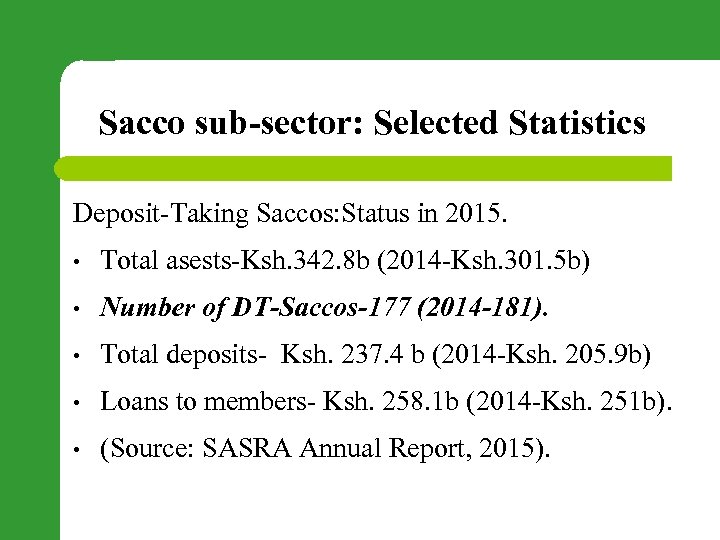 Sacco sub-sector: Selected Statistics Deposit-Taking Saccos: Status in 2015. • Total asests-Ksh. 342. 8