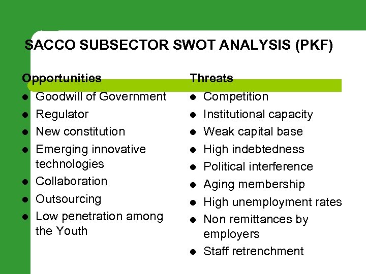 SACCO SUBSECTOR SWOT ANALYSIS (PKF) Opportunities l l l l Goodwill of Government Regulator