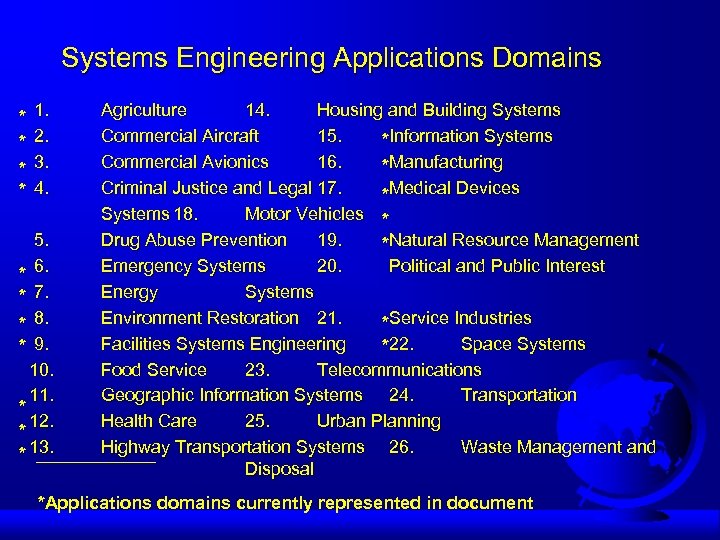 Systems Engineering Applications Domains * * 1. 2. 3. 4. 5. * 6. *