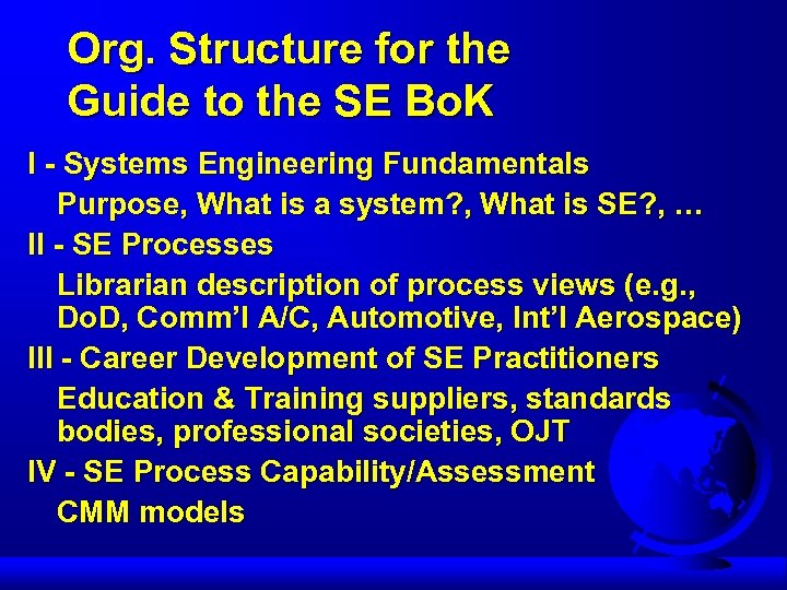 Org. Structure for the Guide to the SE Bo. K I - Systems Engineering