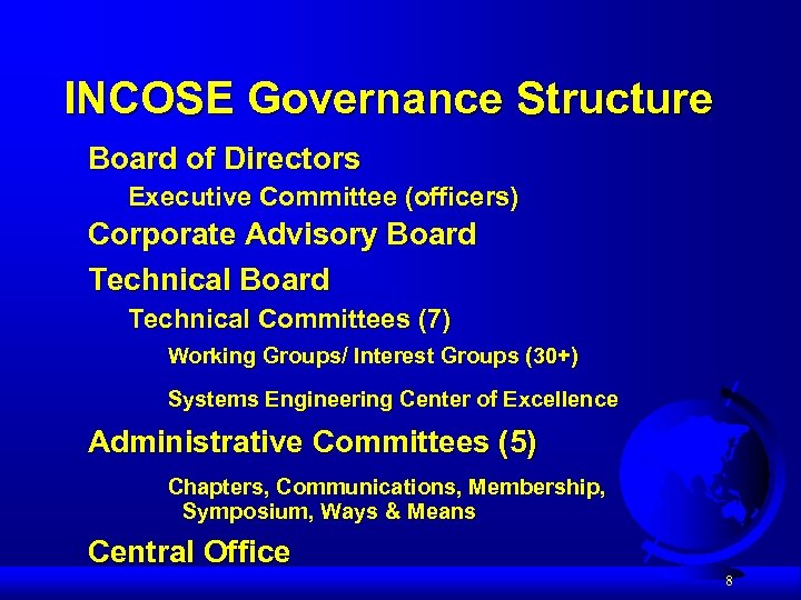 INCOSE Governance Structure Board of Directors Executive Committee (officers) Corporate Advisory Board Technical Committees