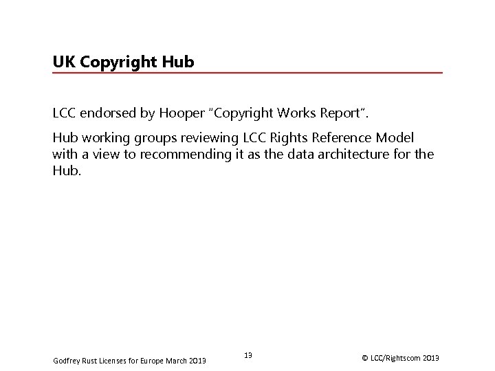 UK Copyright Hub LCC endorsed by Hooper “Copyright Works Report”. Hub working groups reviewing