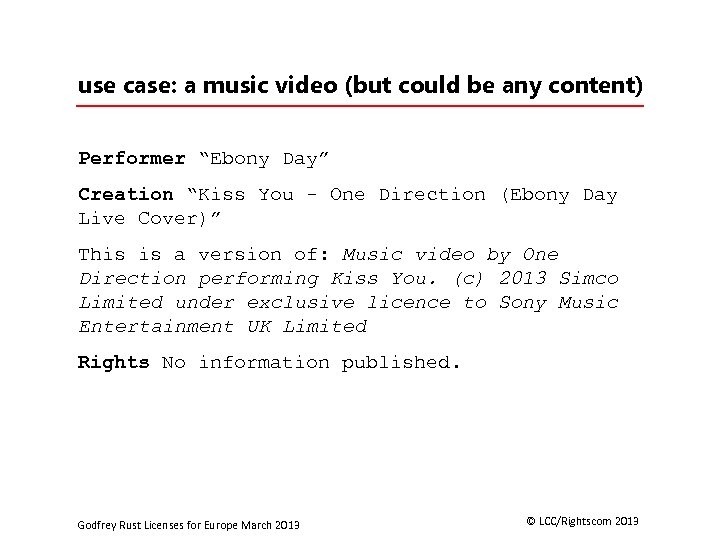 use case: a music video (but could be any content) Performer “Ebony Day” Creation