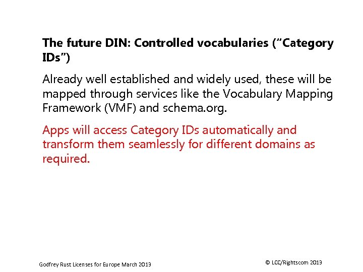 The future DIN: Controlled vocabularies (“Category IDs”) Already well established and widely used, these