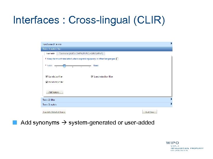 Interfaces : Cross-lingual (CLIR) Add synonyms system-generated or user-added 