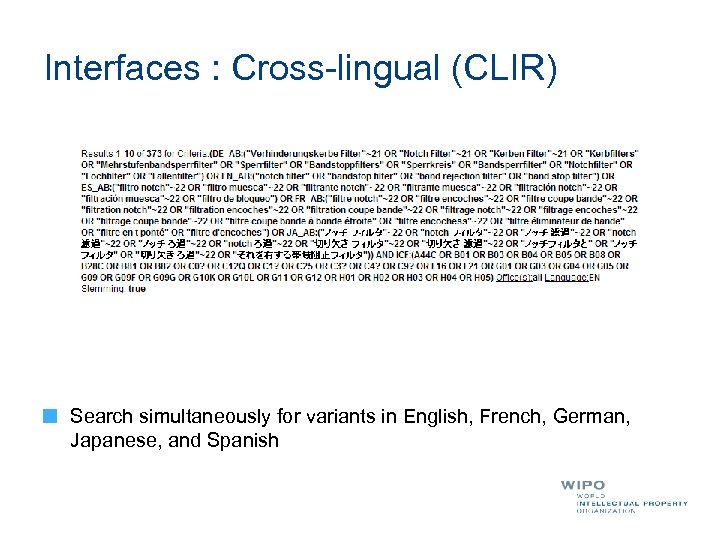 Interfaces : Cross-lingual (CLIR) Search simultaneously for variants in English, French, German, Japanese, and