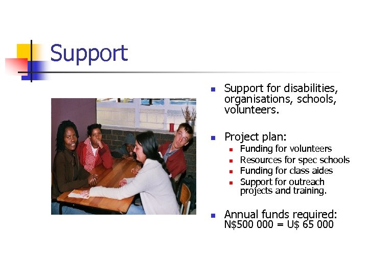 Support n n Support for disabilities, organisations, schools, volunteers. Project plan: n n n