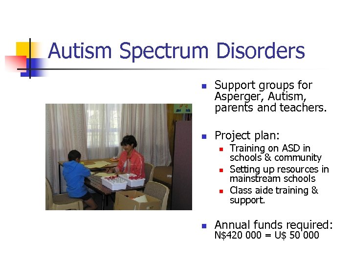 Autism Spectrum Disorders n n Support groups for Asperger, Autism, parents and teachers. Project