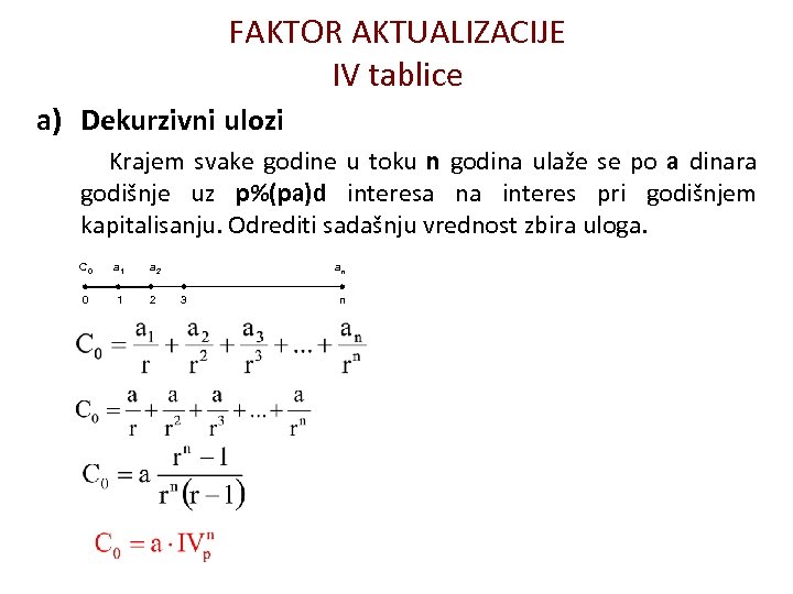FAKTOR AKTUALIZACIJE IV tablice a) Dekurzivni ulozi Krajem svake godine u toku n godina