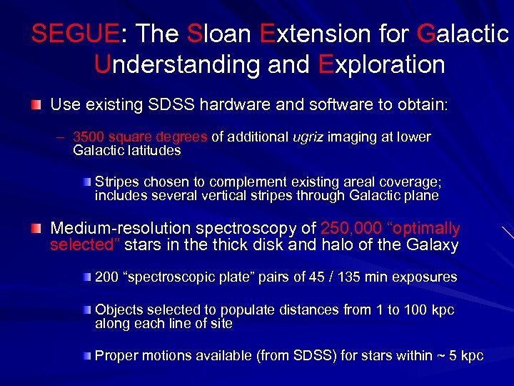 SEGUE: The Sloan Extension for Galactic Understanding and Exploration Use existing SDSS hardware and