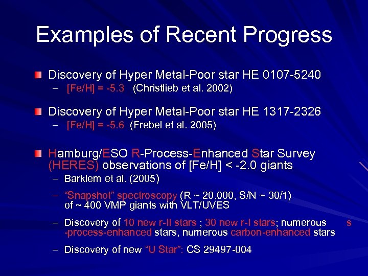 Examples of Recent Progress Discovery of Hyper Metal-Poor star HE 0107 -5240 – [Fe/H]