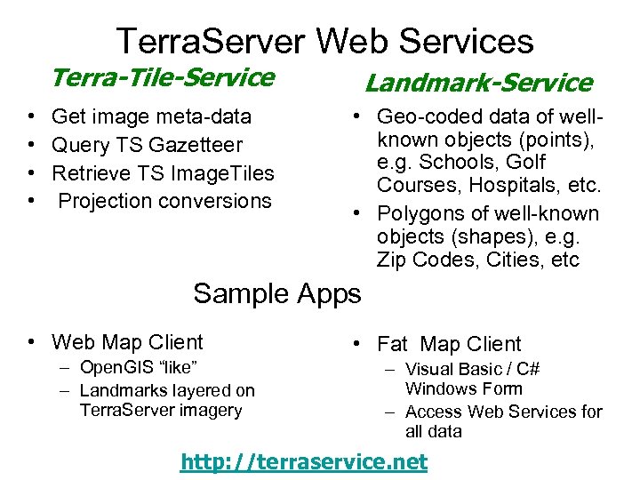 Terra. Server Web Services Terra-Tile-Service • Get image meta-data • Query TS Gazetteer •