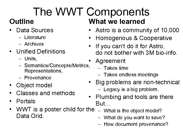 The WWT Components Outline What we learned • Data Sources • Astro is a