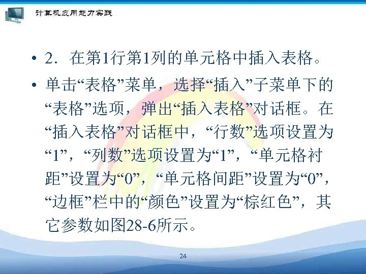  • 2．在第 1行第 1列的单元格中插入表格。 • 单击“表格”菜单，选择“插入”子菜单下的 “表格”选项，弹出“插入表格”对话框。在 “插入表格”对话框中，“行数”选项设置为 “ 1”，“列数”选项设置为“ 1”，“单元格衬 距”设置为“ 0”，“单元格间距”设置为“