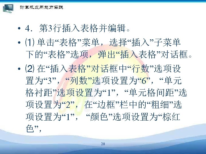  • 4．第 3行插入表格并编辑。 • ⑴ 单击“表格”菜单，选择“插入”子菜单 下的“表格”选项，弹出“插入表格”对话框。 • ⑵ 在“插入表格”对话框中“行数”选项设 置为“ 3”，“列数”选项设置为“ 6”，“单元