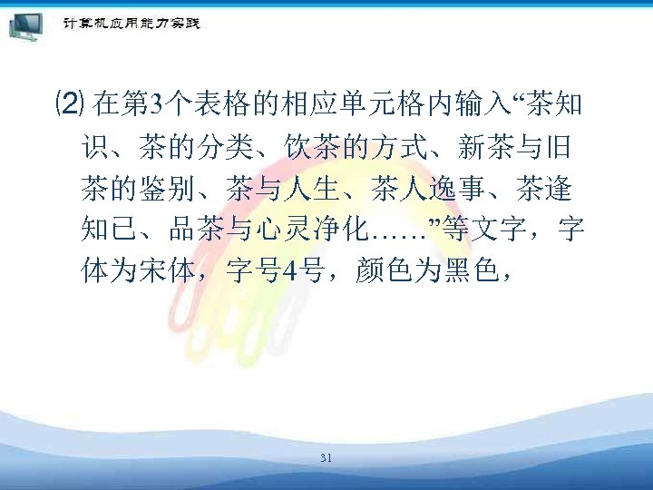 ⑵ 在第 3个表格的相应单元格内输入“茶知 识、茶的分类、饮茶的方式、新茶与旧 茶的鉴别、茶与人生、茶人逸事、茶逢 知已、品茶与心灵净化……”等文字，字 体为宋体，字号 4号，颜色为黑色， 31 