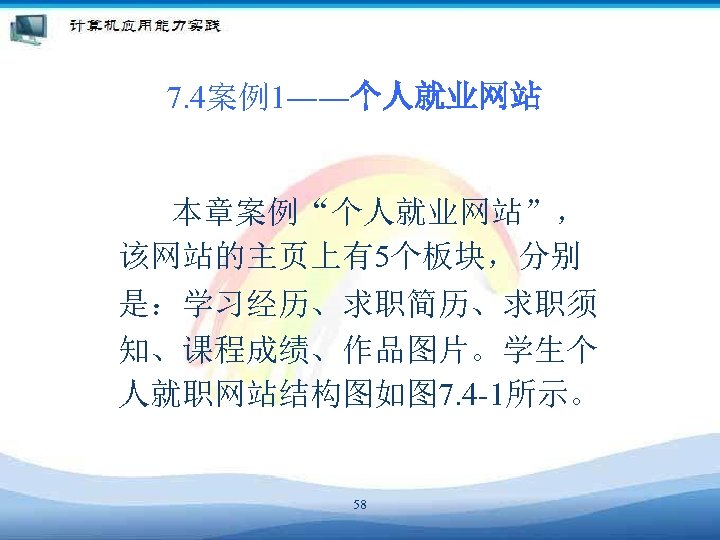 7. 4案例1――个人就业网站 本章案例“个人就业网站”， 该网站的主页上有5个板块，分别 是：学习经历、求职简历、求职须 知、课程成绩、作品图片。学生个 人就职网站结构图如图 7. 4 -1所示。 58 