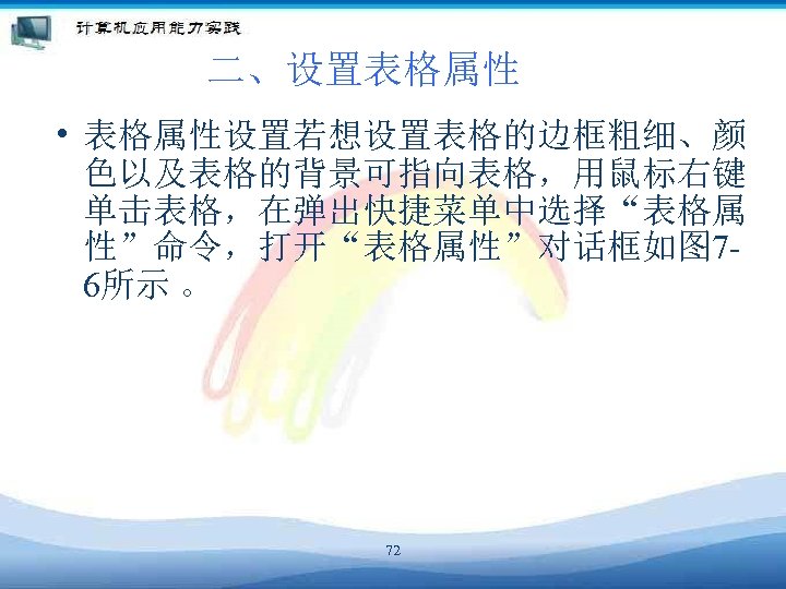 二、设置表格属性 • 表格属性设置若想设置表格的边框粗细、颜 色以及表格的背景可指向表格，用鼠标右键 单击表格，在弹出快捷菜单中选择“表格属 性”命令，打开“表格属性”对话框如图 76所示 。 　 72 