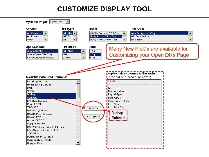 CUSTOMIZE DISPLAY TOOL Many New Fields are available for Customizing your Open DRs Page