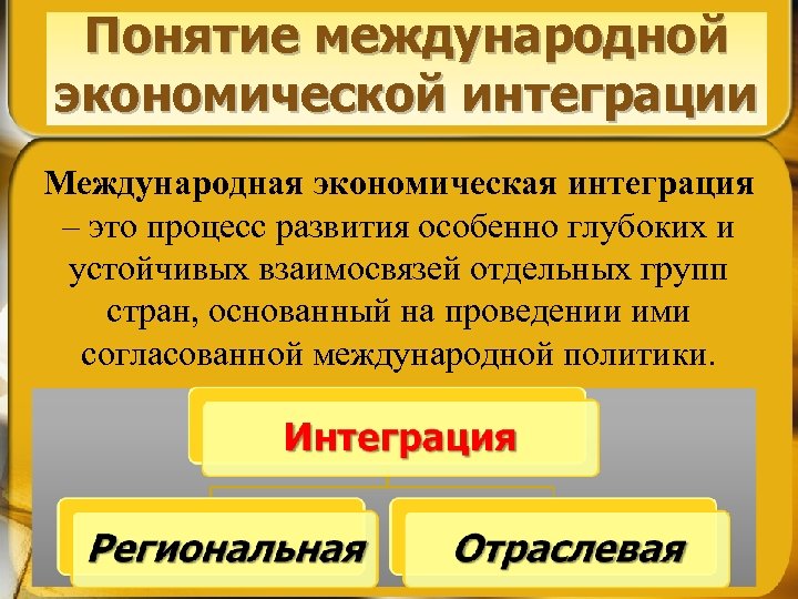 Понятие международной экономической интеграции Международная экономическая интеграция – это процесс развития особенно глубоких и