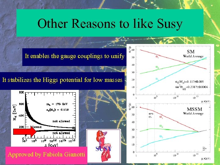 Other Reasons to like Susy It enables the gauge couplings to unify It stabilizes