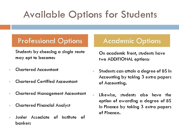 Available Options for Students Professional Options Academic Options Students by choosing a single route