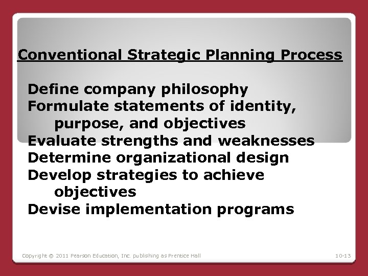 Conventional Strategic Planning Process Define company philosophy Formulate statements of identity, purpose, and objectives