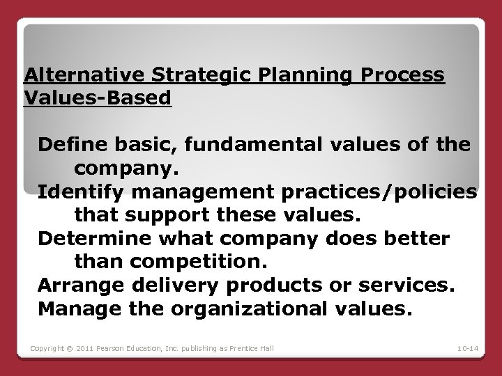 Alternative Strategic Planning Process Values-Based Define basic, fundamental values of the company. Identify management