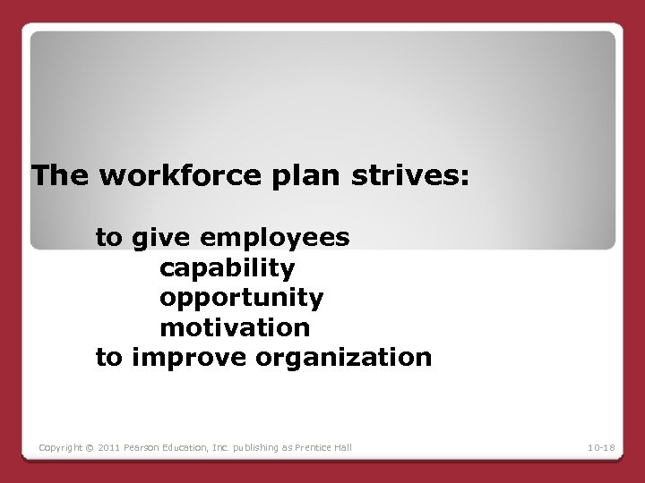 The workforce plan strives: to give employees capability opportunity motivation to improve organization Copyright