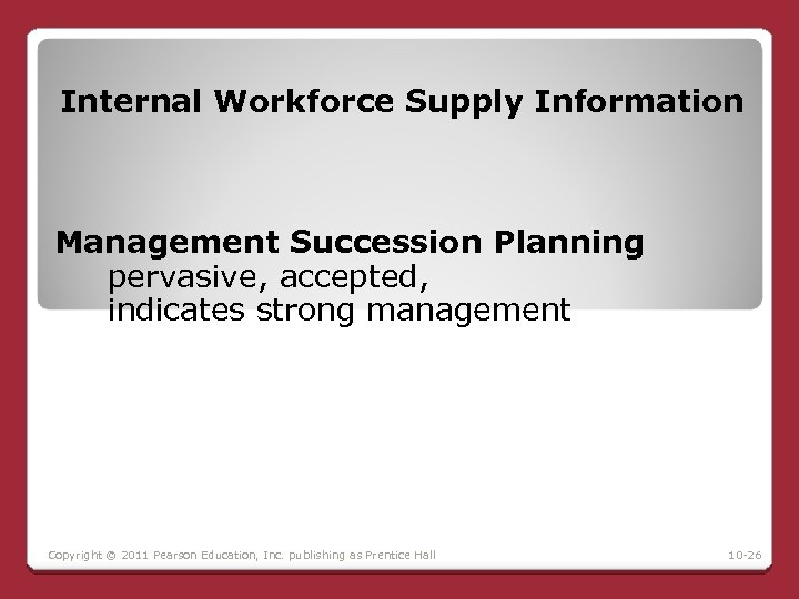 Internal Workforce Supply Information Management Succession Planning pervasive, accepted, indicates strong management Copyright ©