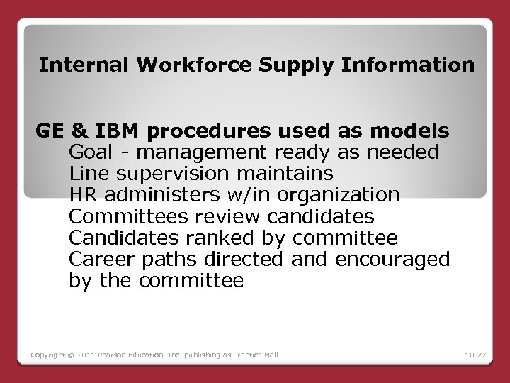 Internal Workforce Supply Information GE & IBM procedures used as models Goal - management