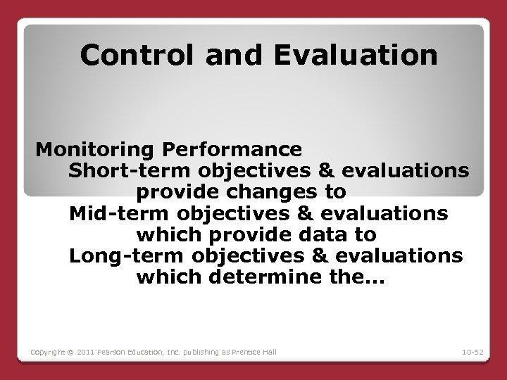 Control and Evaluation Monitoring Performance Short-term objectives & evaluations provide changes to Mid-term objectives