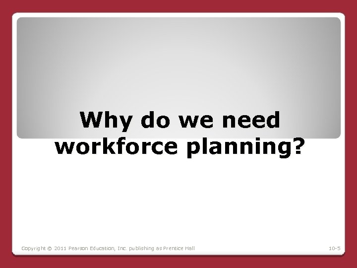 Why do we need workforce planning? Copyright © 2011 Pearson Education, Inc. publishing as