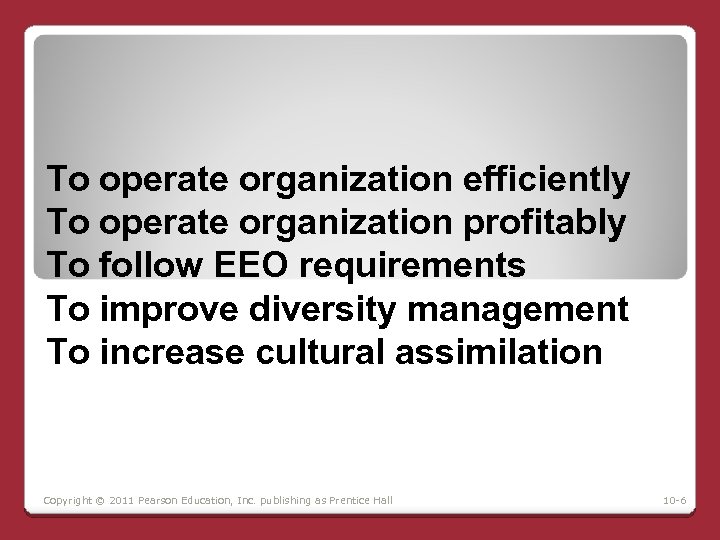 To operate organization efficiently To operate organization profitably To follow EEO requirements To improve