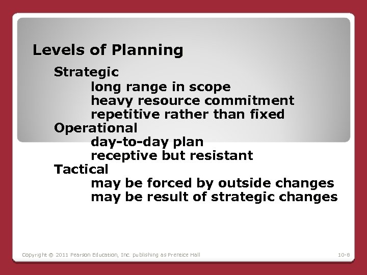 Levels of Planning Strategic long range in scope heavy resource commitment repetitive rather than