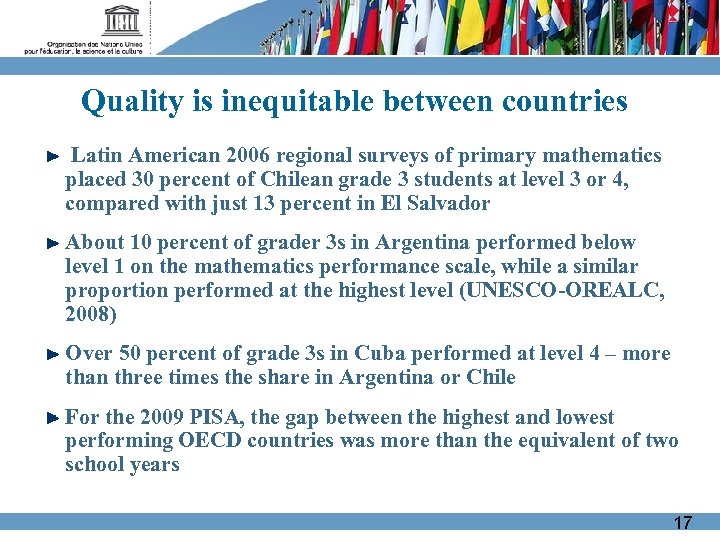 Quality is inequitable between countries Latin American 2006 regional surveys of primary mathematics placed