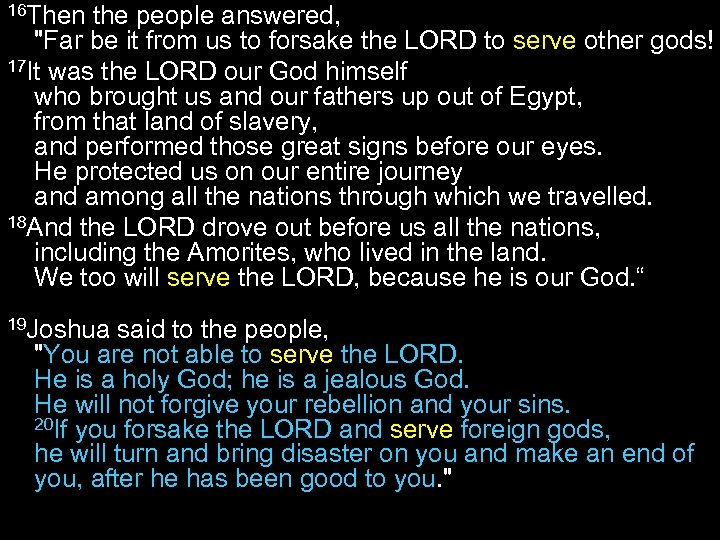 16 Then the people answered, "Far be it from us to forsake the LORD