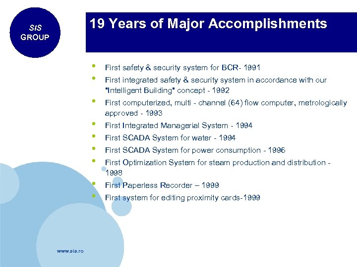 19 Years of Major Accomplishments SIS GROUP • • First safety & security system
