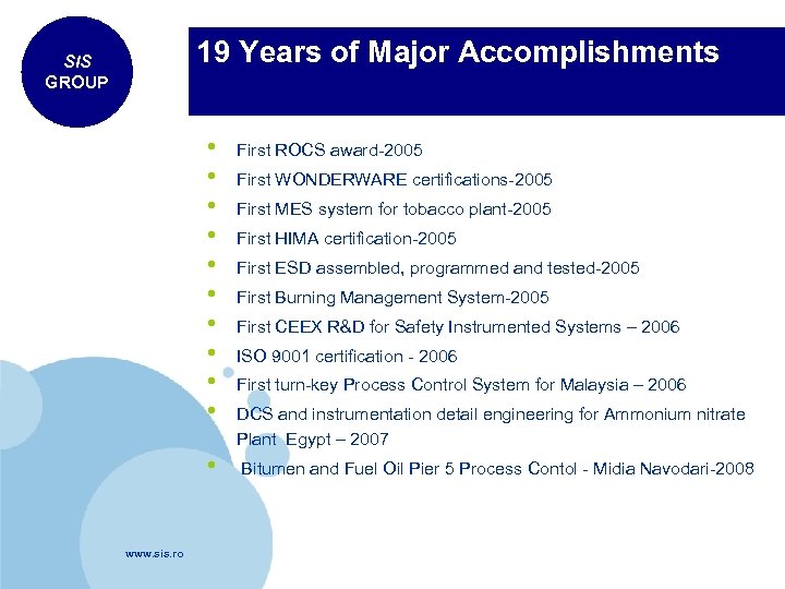 19 Years of Major Accomplishments SIS GROUP • • • www. sis. ro First