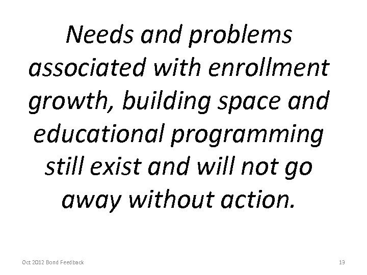Needs and problems associated with enrollment growth, building space and educational programming still exist