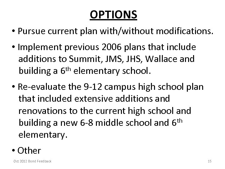 OPTIONS • Pursue current plan with/without modifications. • Implement previous 2006 plans that include
