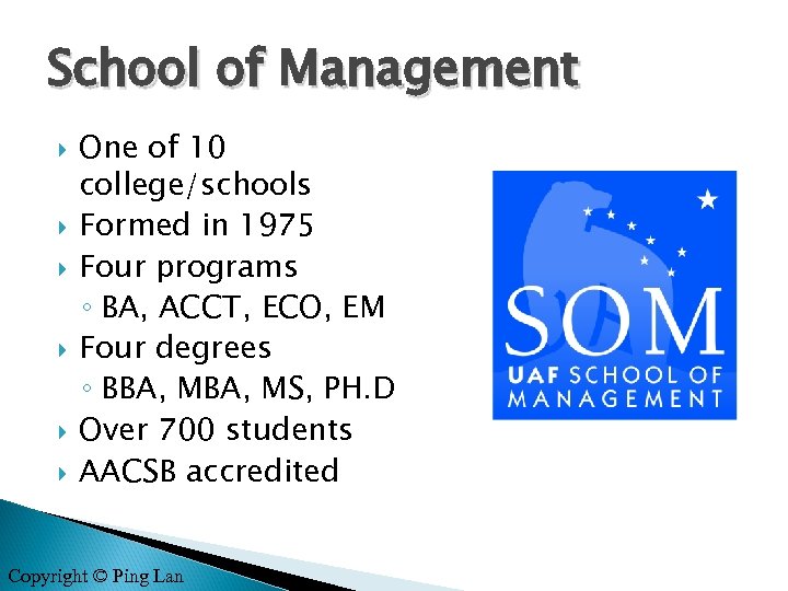 School of Management One of 10 college/schools Formed in 1975 Four programs ◦ BA,