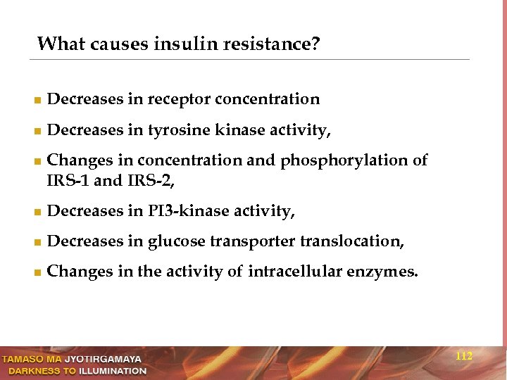 What causes insulin resistance? n Decreases in receptor concentration n Decreases in tyrosine kinase