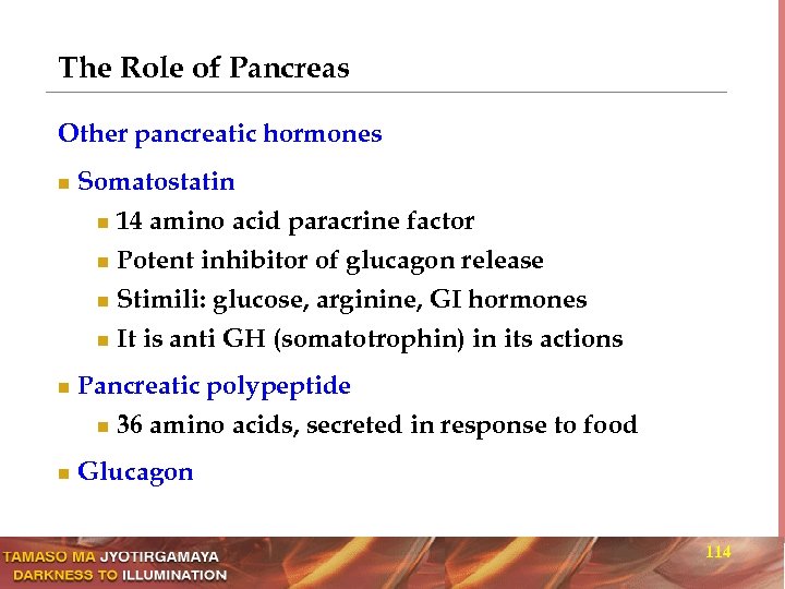 The Role of Pancreas Other pancreatic hormones n n Somatostatin n 14 amino acid