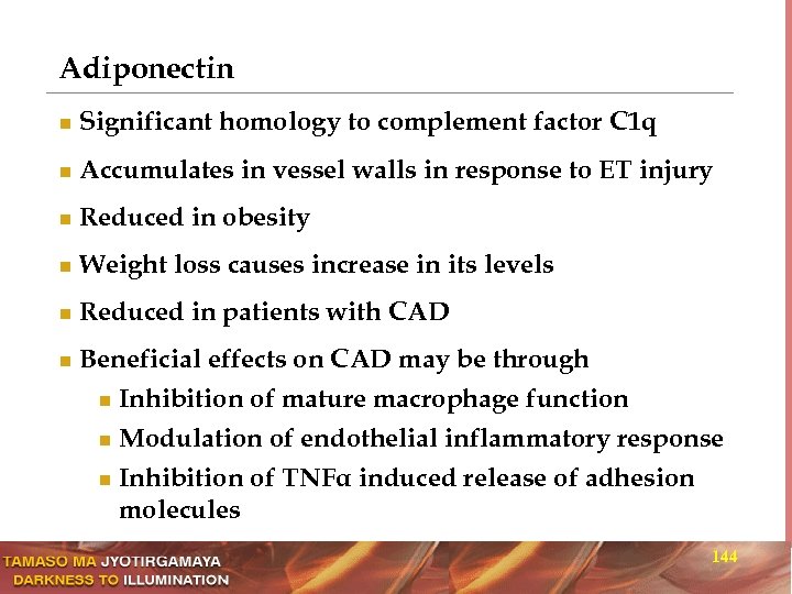 Adiponectin n Significant homology to complement factor C 1 q n Accumulates in vessel