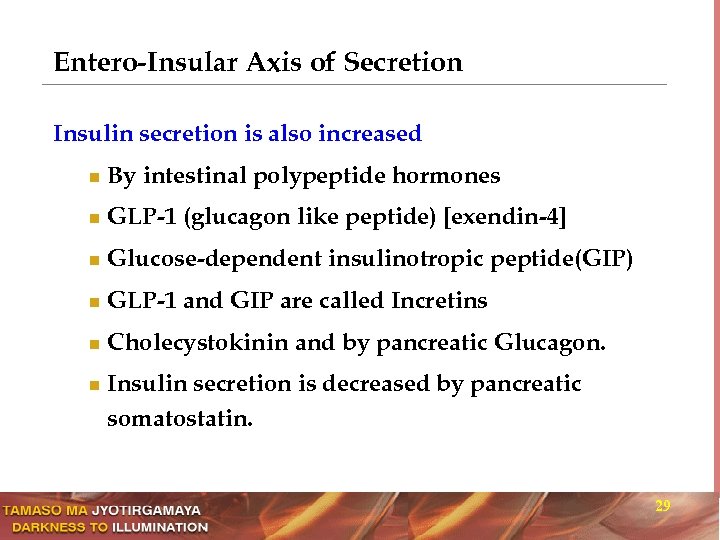 Entero-Insular Axis of Secretion Insulin secretion is also increased n By intestinal polypeptide hormones